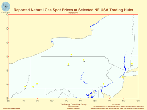 Reported Natural Gas Spot Prices At Selected Trading Hubs in the Northeast United States as of March 2016