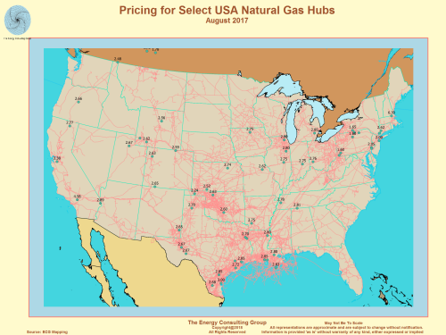 Pricing for Select USA Natural Gas Price Hubs - August 2017