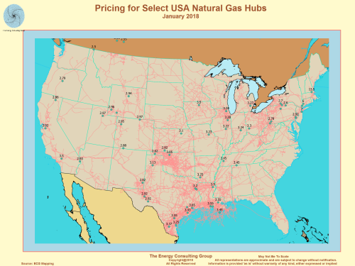 Pricing for Select USA Natural Gas Price Hubs - January 2018