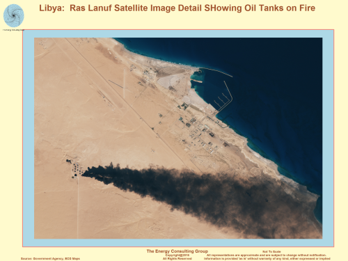 Libya: Ras Lanuf Satellite Image Detail Showing Oil Tanks on Fire