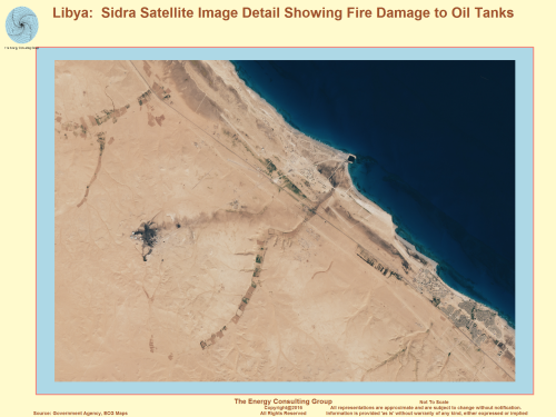 Libya:  Sidra Satellite Image Detail Showing Fire Damage to Oil Tanks