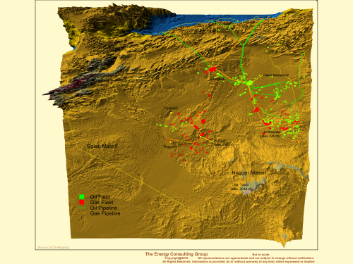 Algerian Oil and Gas Fields on 3D Surface Elev. Map