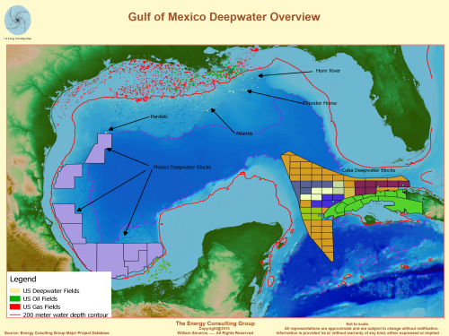 Map images summarizing oil and gas activity offshore of Cuba