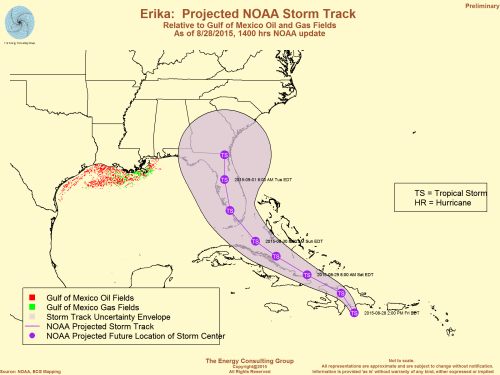 Map Image Erika: NOAA Projected Storm Track Relative to Gulf of Mexico Oil and Gas Fields