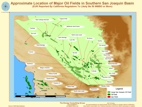 Map, Image,Approximate Location of Major Oil Fields in Southern San Joaquin Basin