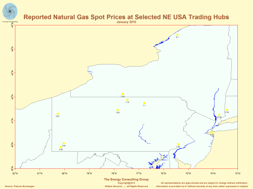 Map: Reported January 2015 Natural Gas Spot Prices At Selected Trading Hubs in the Northeast United States