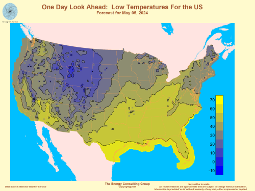 Day Look Ahead: Low Temperatures for the US based on NOAA data