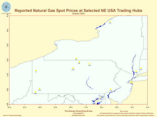 Reported Natural Gas Spot Prices ast Selected Northeast Region trading Hubs 