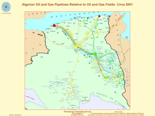 Algerian Oil and Gas Pipelines Relative to Oil and Gas Fields - Circa 2001